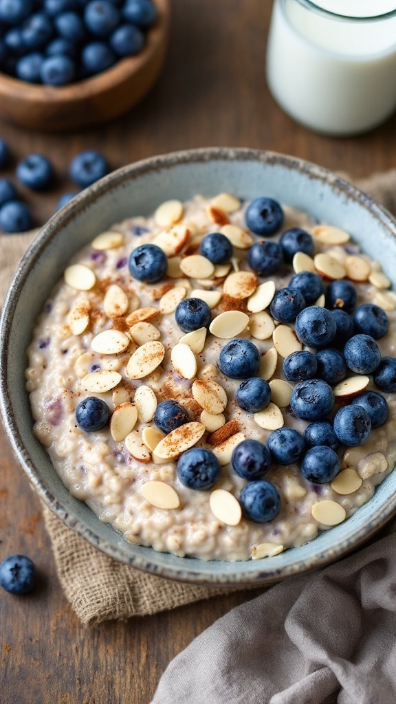 A bowl of overnight oats with blueberries and almonds on a rustic table.